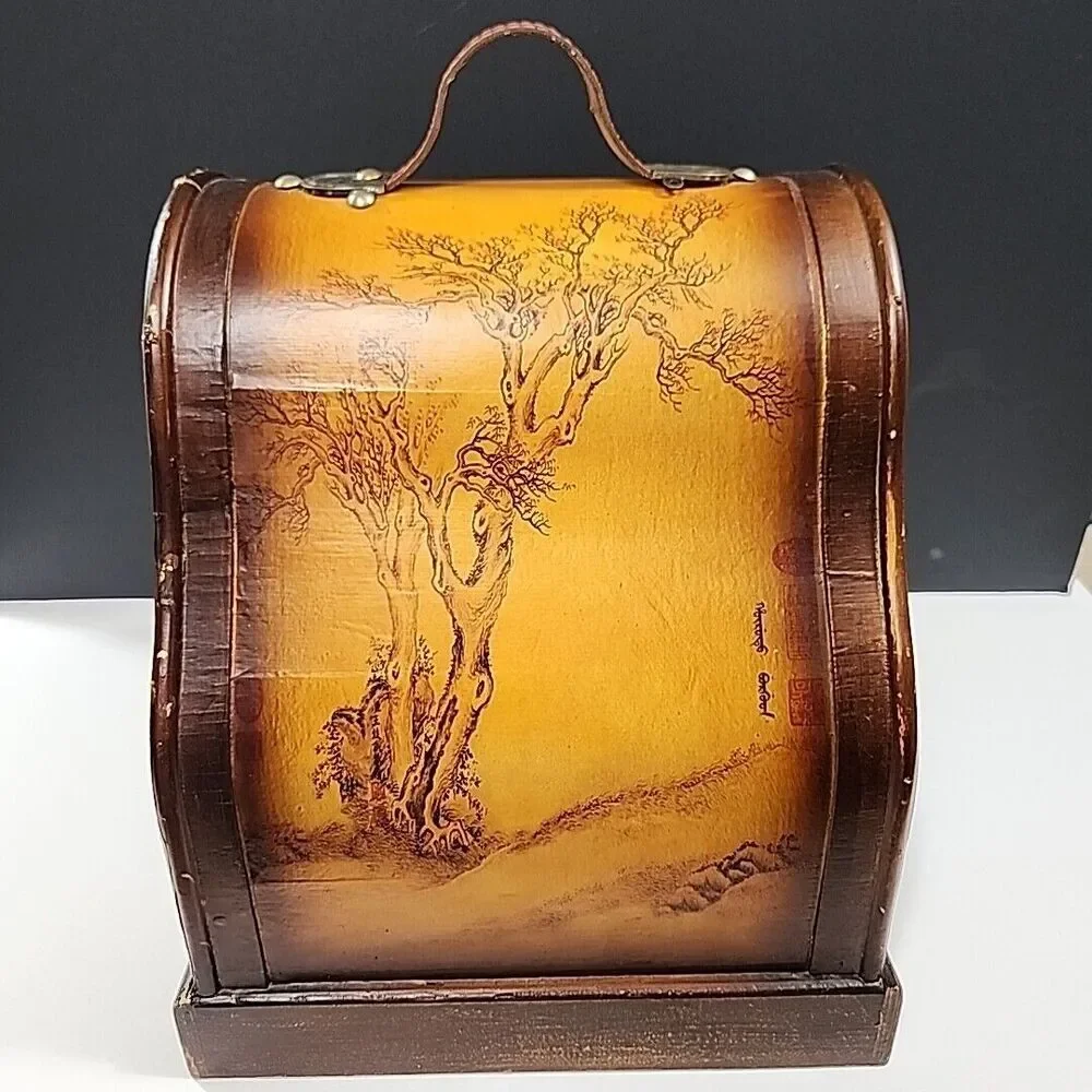 vintage Wooden Wine Caddy With Leather Handle Oriental Tree Art Work Very Unique